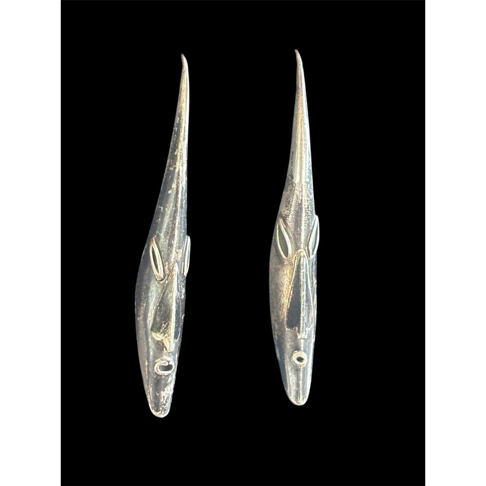 Vtg Sterling Silver Modernist African Tribal Mask Dangle Earrings 925